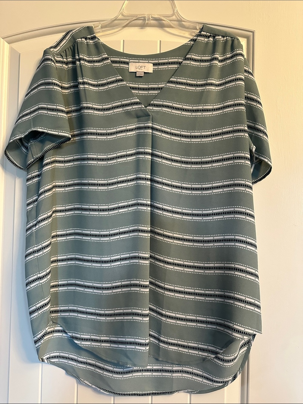 LOFT Sage Green Striped V-Neck Short Sleeve Blouse